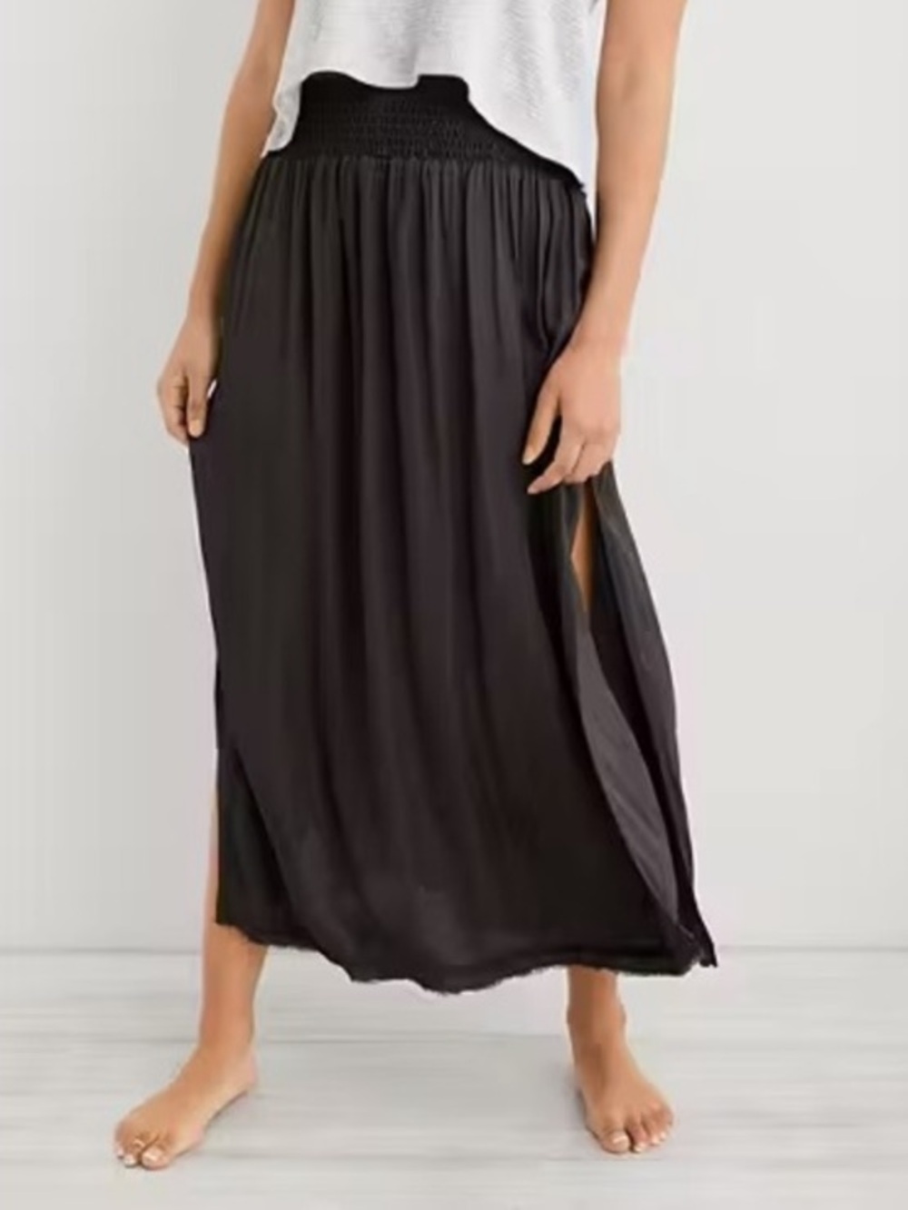 AERIE‎ Shine Satin Distressed Midi Skirt Side Slits Smocked Waist Charcoal Large